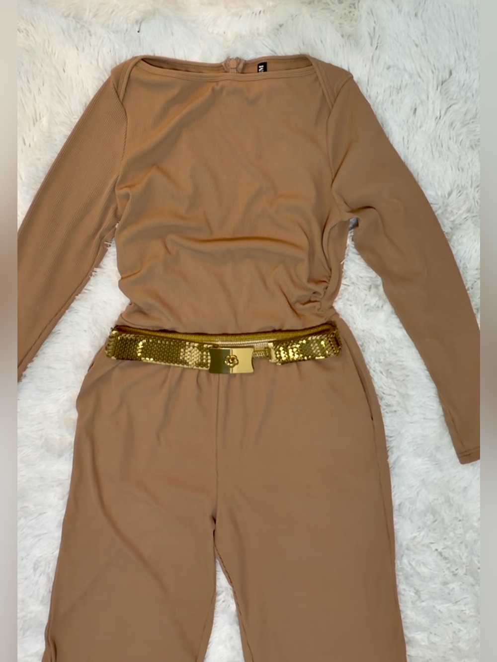 Neutral Tan Knit Garment with Stretch Long Sleeve Jumpsuit